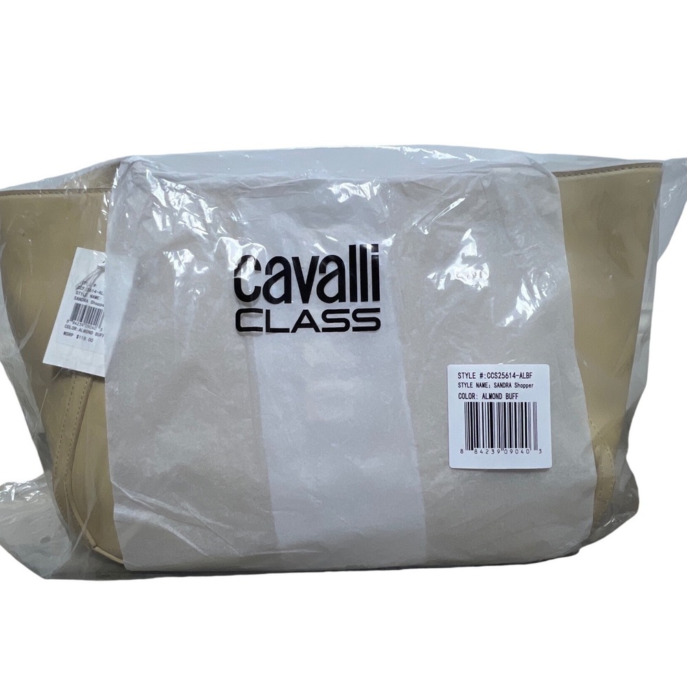 Cavalli Class Sandra Shopper‎ Work Tote Bag Almond Buff Beige NWT Designer Zip